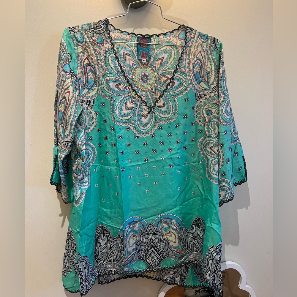 Johnny Was Women's Teal Paisley Tunic Quarter length sleeve Top XL